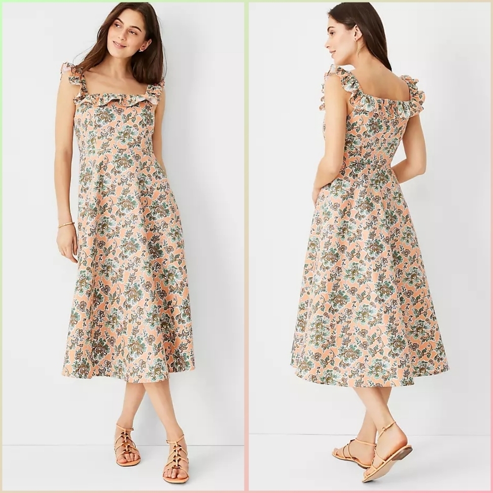 Ann Taylor Floral Cotton Linen Ruffle Square Neck Flare Dress Size 10T